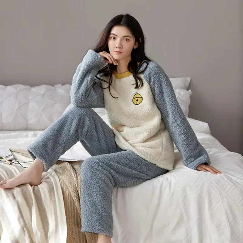 Thickened Warm Flannel Women Sleepwear Coral Velvet Pajamas Autumn Winter Cute Cartoon Bear Padded Two Sets Nightwear Casual