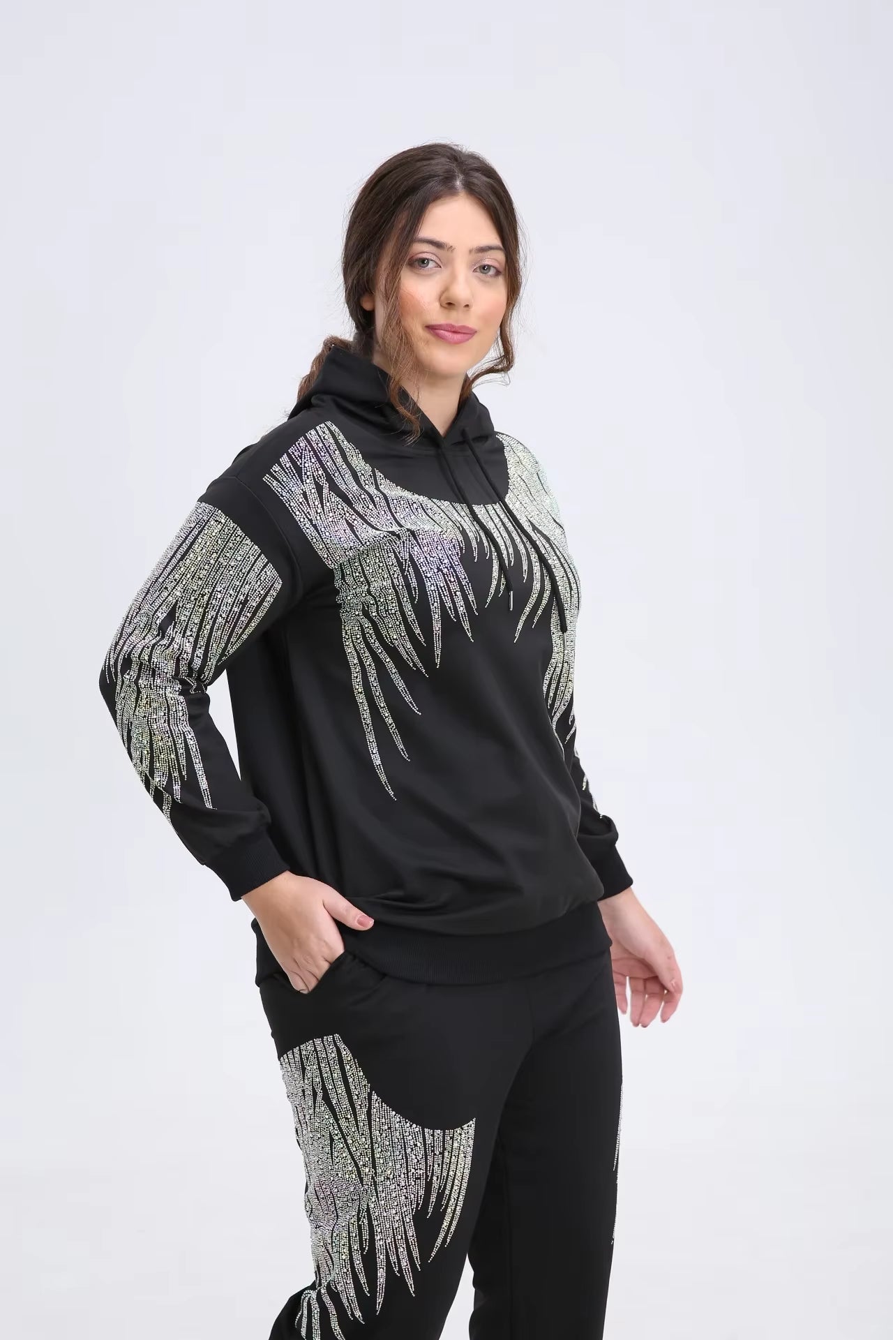 US plus Size Womens Brand Hoodies Autumn Winter Hooded Sweatshirts Long Sleeve Vibrant Sparking Rhinestones Pullover Outerwear