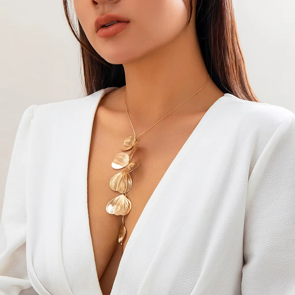 Trendy Gold Color Metal Petal Charm Long Tassel Necklace for Women Choker Chest Chain Jewelry Collar Gifts Party Wedding