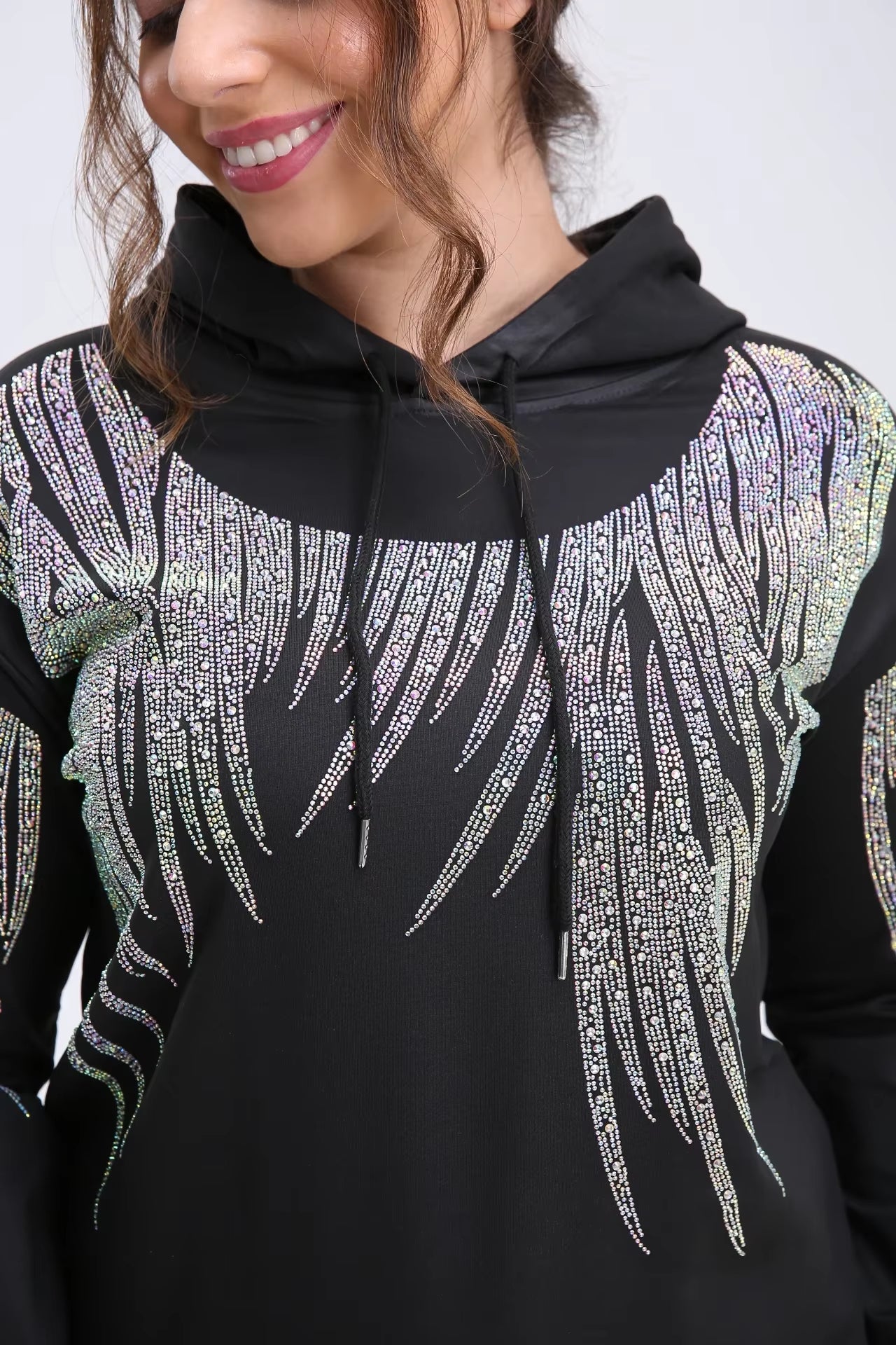 US plus Size Womens Brand Hoodies Autumn Winter Hooded Sweatshirts Long Sleeve Vibrant Sparking Rhinestones Pullover Outerwear