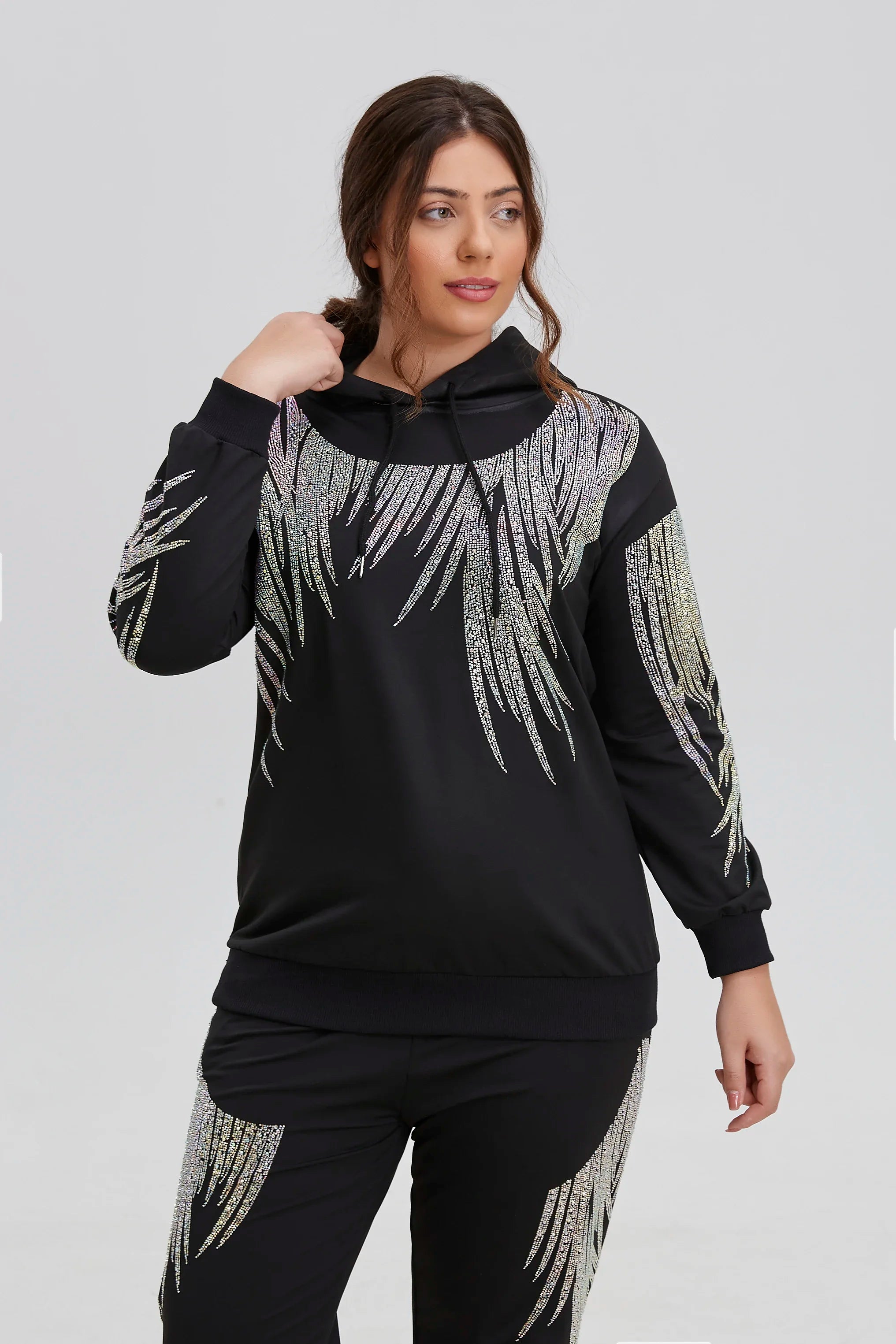 US plus Size Womens Brand Hoodies Autumn Winter Hooded Sweatshirts Long Sleeve Vibrant Sparking Rhinestones Pullover Outerwear